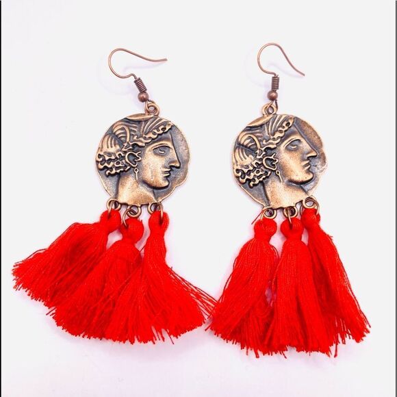 Antique bronze coin red tassel earrings - Picture 1 of 4